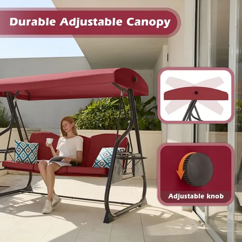 Miniatura 5 de ZZW - Columpio de porche para patio con 3 asientos, 800LBS, columpio al aire libre con soporte, toldo y respaldo ajustable, silla columpio