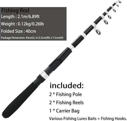 Miniatura 3 de Conjunto de caña de pescar, 2.1m/6.89ft, 2 piezas de cañas plegables, 2 piezas de carretes giratorios, juego de señuelos, bolsa de transporte, cañas