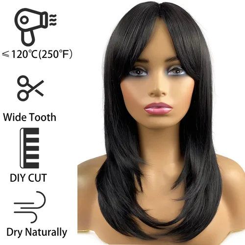 Miniatura 4 de Pelucas largas negras para mujer, pelucas negras con flequillo, peluca sintética de longitud al hombro en capas para fiestas diarias (20 pulgadas)
