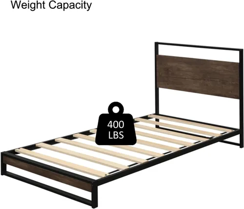Miniatura 5 de Anwick Base de cama de tamaño individual con cabecera de madera/plataforma de metal alto/cama de plataforma individual para niños, con espacio
