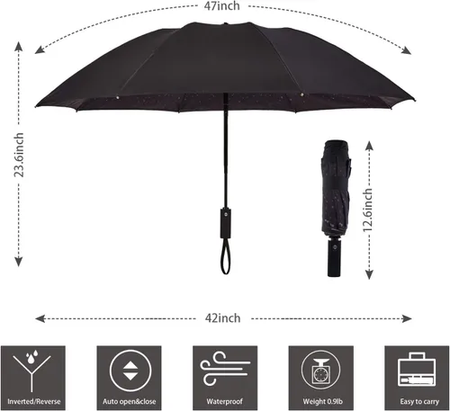 Miniatura 7 de Paraguas invertido de doble capa, plegado automático, reversible, resistente al viento y a los rayos UV, para lluvia, coche, viaje, al aire libre