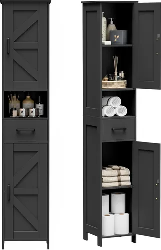 HOMHEDY - Armario alto de 67 pulgadas con 2 puertas tipo granero, 1 cajón, estantes ajustables, unidad estrecha para baño, sala de estar, entrada o