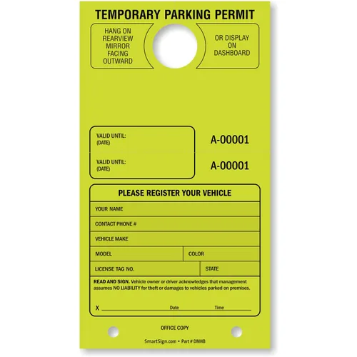 Miniatura 9 de SmartSign Etiqueta colgante de espejo "Permiso de estacionamiento temporal" Paquete de 50 Verde fluorescente Cartulina de 7.75 x 4.25 pulgadas