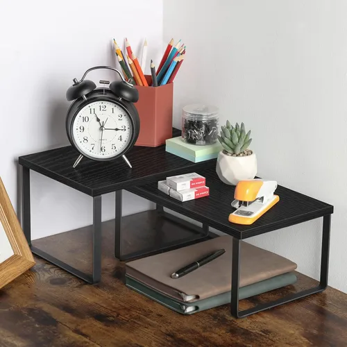 Miniatura 6 de CADUKE Juego de 4 estantes de encimera de cocina, organizador de estantes apilables, estantes de encimera de madera, estantes de gabinete Negro
