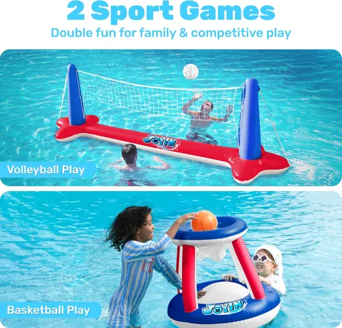 Miniatura 2 de JOYIN - Juego de flotadores inflables para piscina con red de voleibol y aros de baloncesto, pelotas incluidas para niños y adultos, juguete de Rojo