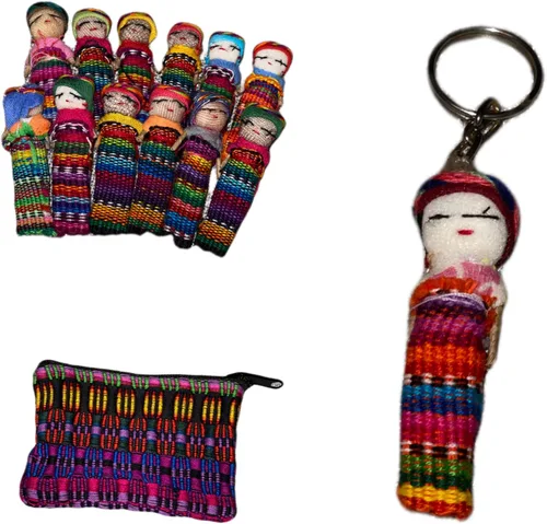 Miniatura 6 de Guatemala Worry Dolls Juego de 12 muñecas tradicionales de 2.2 x 0.4 in con bonita bolsa de almacenamiento y llavero extra, divertidos