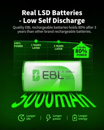Miniatura 4 de EBL Pilas recargables tipo C, 5000 mAh Ni-MH de alta capacidad, celda C, paquete de venta al por menor nuevo, paquete de 4