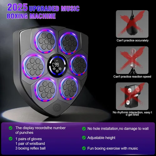 Miniatura 4 de Máquina de Boxeo Musical Inteligente laapee con Ritmo LED – Montada en Pared para Adultos y Niños – Incluye Guantes para Adultos, Diadema y 3