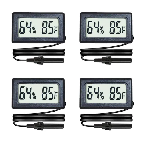 Paquete de 4 mini termómetro higrómetro digital con sonda pantalla LCD, medidor de humedad Fahrenheit para incubadora, planta de reptiles, terrario,