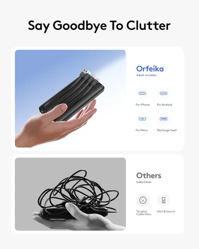Miniatura 3 de Orfeika Cargador de teléfono portátil, Banco de energía portátil de 10000mAh con cables incorporados, paquete de batería esencial para viajes