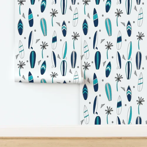 Miniatura 4 de Spoonflower Papel tapiz para despegar y pegar - Tabla de surf Tropical Verano Azul marino Blanco Playa Azul Papel pintado extraíble personalizado