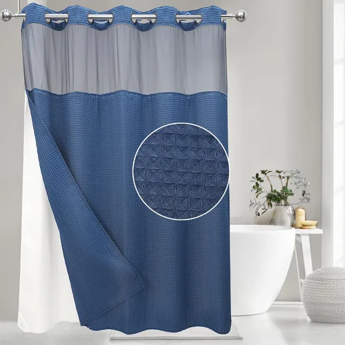 Miniatura 16 de VIUOON Cortina de ducha sin gancho de tejido de sarga con juego de forro de tela a presión, estilo hotelero con ventana superior transparente, tela
