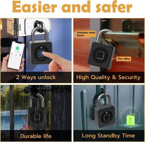 Miniatura 5 de Pothunder Cerradura de huellas dactilares con aplicación, candado biométrico sin llave de cable de acero, resistente al agua inteligente para Negro