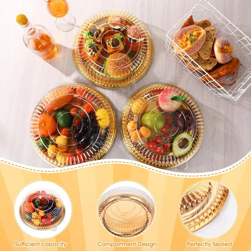 Miniatura 4 de Nitial 12 Piezas Bandejas de Servicio Resistentes con Tapa Transparente, Bandejas Redondas Elegantes Doradas para Catering Desechables Platos