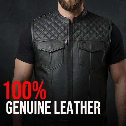 Miniatura 5 de Jackets 4 Bikes SOA Chaleco de Motocicleta para Hombre, Cuero Genuino de Búfalo, Armadura Trasera, Bolsillos Interiores, Chalecos de Club de Negro