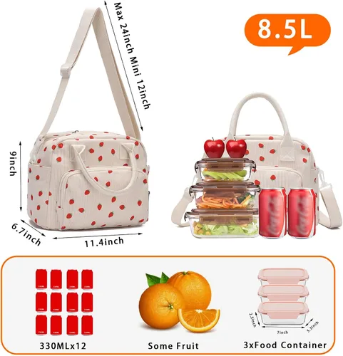 Miniatura 6 de Lunch Bag for Women Girls, Cute Insulated Reusable Lunch Box Leakproof Lunch Boxes Portable Lunch Tote Bag Cooler Bag Fresa