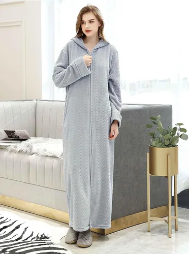 Miniatura 4 de Artfasion Bata larga con cremallera frontal y capucha para mujer, ropa de dormir de longitud completa para mujer