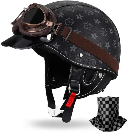 Miniatura 13 de Casco de motocicleta estilo alemán estilo retro medio casco de cuero medio abierto - aprobado por DOT para hombres y mujeres vintage motocicleta