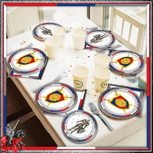 Miniatura 6 de chiazllta 96 piezas de decoraciones medievales para fiestas de cumpleaños de castillo, platos de papel y servilletas, suministros de cumpleaños