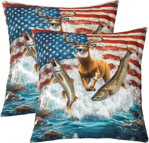 Miniatura 12 de Erosebridal American Flag Cushion Cases 16x16 Inch Set of 2 Army Green Camo Throw Pillow Covers Bear Claw Hunting Theme Pillow Covers Camoflage