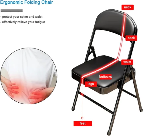 Miniatura 5 de Silla plegable con asiento acolchado de piel sintética, silla plegable ergonómica de metal con respaldo, silla portátil básica para oficina en casa