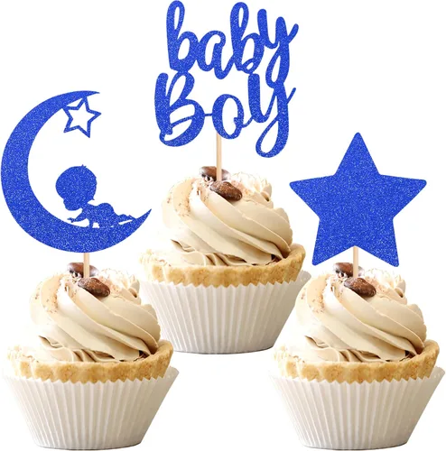 Miniatura 8 de 24 piezas de adornos para cupcakes para bebé niño con purpurina luna, estrella, baby shower, revelación de género, cupcakes para celebrar cumpleaños