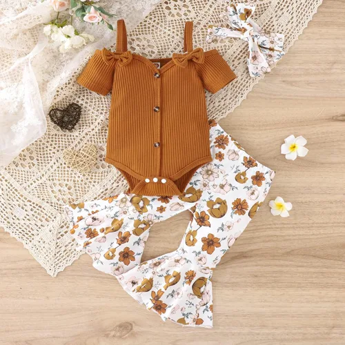 Miniatura 6 de Engofs Conjunto de 3 piezas para bebé recién nacida, manga corta, pantalones acampanados, diadema, conjunto de 3 piezas, traje de verano para bebés