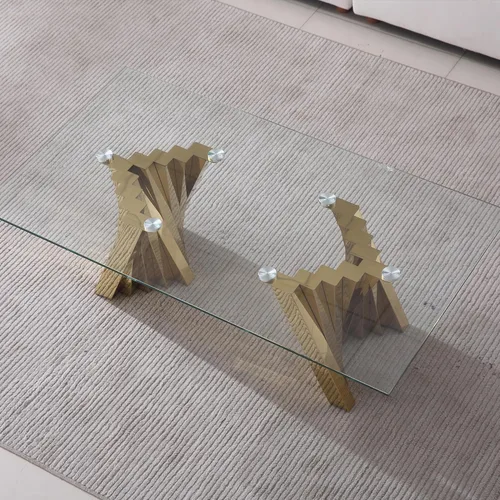 Miniatura 212 de Mesa de centro de cristal de lujo, mesa de centro de sofá de 47 pulgadas con marco de acero inoxidable dorado y parte superior de vidrio negro, mesa