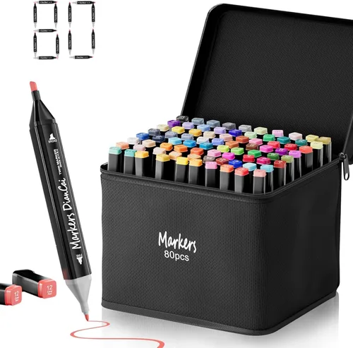 Juego de marcadores de alcohol de 80 colores, doble punta (pincel y cincel), suministros de arte permanente para artistas, adultos y estudiantes,