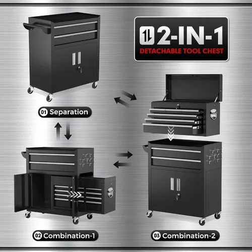 Miniatura 7 de INTERGREAT Baúl rodante para herramientas de 8 cajones, baúl para herramientas ensamblado con ruedas, caja de herramientas superior desmontable