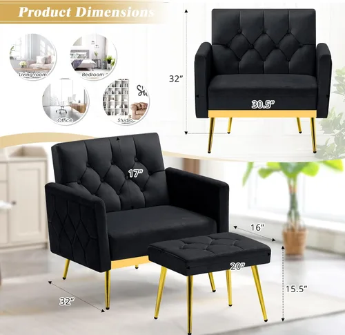 Miniatura 3 de Silla decorativa de terciopelo con reposabrazos y respaldos ajustables, sofá individual copetudo con otomana, silla de lectura tapizada para sala
