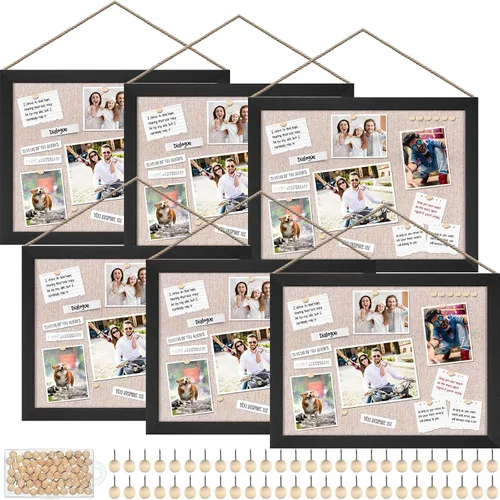 Teling Juego de 6 tableros de anuncios de madera con lino de 30 x 41 cm, tablero de corcho para paredes con 60 chinchetas decorativas, marco de Negro