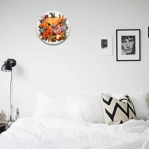 Miniatura 4 de Reloj de pared de madera Country Autumn Harvest Acuarela Calabaza Flores Redondo Reloj Decorativo de Calidad Cuarzo Sin Ticking Otoño Acción