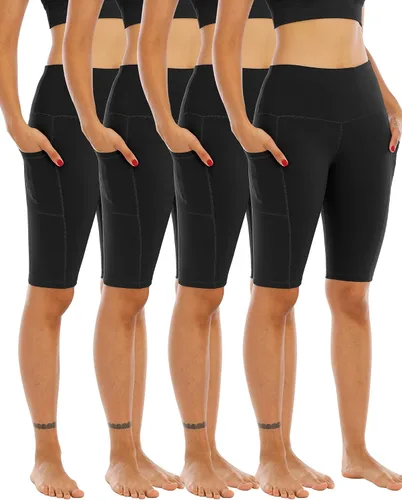 WHOUARE Paquete de 4 pantalones cortos de yoga con bolsillos para mujer, cintura alta, atléticos, correr, entrenamiento, gimnasio, control de abdomen