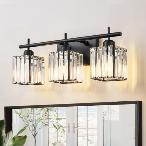 Miniatura 6 de Modernas luces de tocador de baño de cristal sobre el espejo, accesorios de iluminación de baño negro mate de 3 luces, accesorios de iluminación