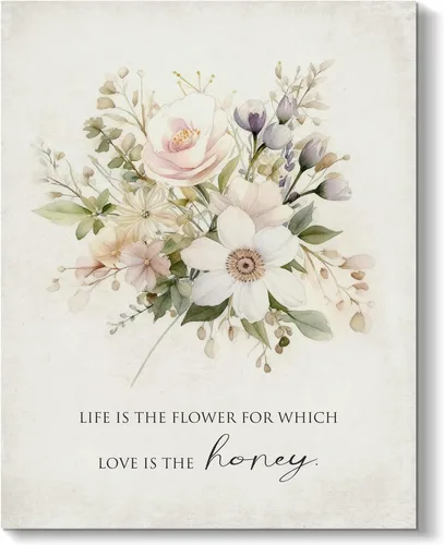 Life is the Flower for Which Love is the Honey - Lienzo moderno y bohemio, cita inspiradora romántica, dibujo minimalista con flores para sala de
