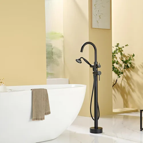 Miniatura 3 de Wowkk Llenador de bañera independiente grifo de bañera negro montado en el suelo grifos de bañera de baño de latón con ducha de mano