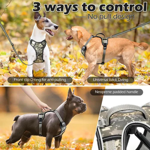 Miniatura 6 de Arnés reflectante para perro, arnés para perro grande sin tirones, con 2 clips para correa y asa de control, chaleco ajustable de camuflaje suave