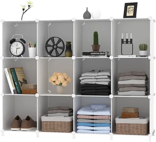 Miniatura 8 de AWTATOS Organizador de almacenamiento de cubos, estantería de 12 cubos, estantería de bricolaje de plástico para armario, estantes de almacenamiento
