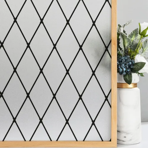 Miniatura 9 de VELIMAX Película de vinilo de vidrio decorativo para ventana, diseño de celosía negra esmerilada, película de vinilo de vidrio extraíble