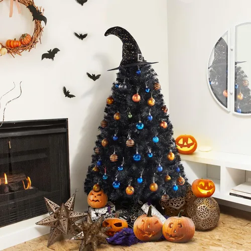 Miniatura 5 de Yaheetech - Árbol de pino artificial de Halloween negro de 4.5 pies, para decoración de fiestas en casa, oficina, fiestas, en interiores