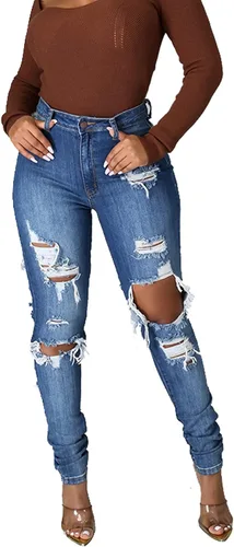Miniatura 4 de Women's Skinny Ripped Jeans Stretch Destroyed Mid High Waist Denim Pants