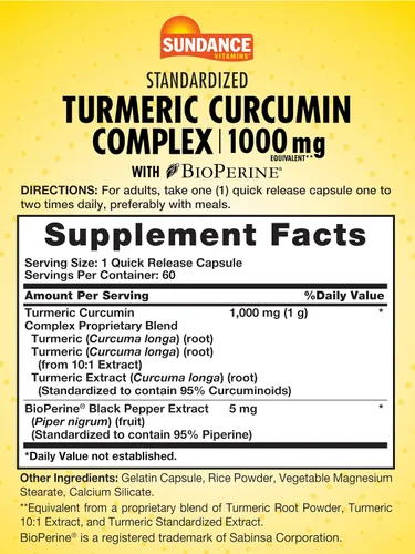 Miniatura 2 de Sundance Complejo de curcumina de cúrcuma 60 cápsulas con BioPerine Suplemento sin OMG y sin gluten