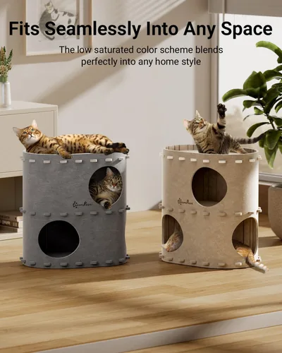 Miniatura 6 de DownyPaws Casa para Gatos de Interior, Cama Cueva para Gatos Plegable de 2 Pisos, Cama Túnel de Fieltro para Gatos Condominio, Cubo Escondite