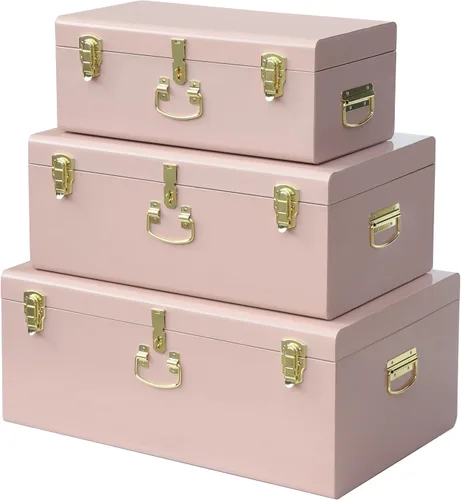 Miniatura 21 de Vixdonos Conjunto de 2 baúles de almacenamiento decorativos de metal – baúl para dormitorio universitario con asa (rosa)