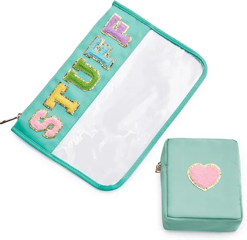Miniatura 10 de Bolsa con letras de chenilla para viajes, A-Verde menta, Bolsa de maquillaje transparente a