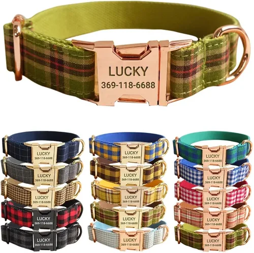 PETDURO Collar de Perro a Cuadros Personalizado Verde Manzana - Nombre y Número de Teléfono Grabados en Hebilla de Metal Oro Rosa - Personalizado