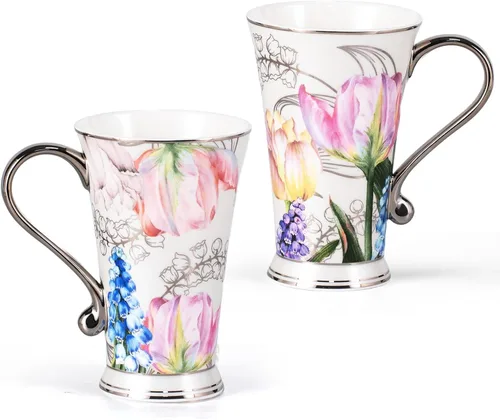 Miniatura 13 de KAMMAK Tazas de café de cerámica de 18 onzas de alto, juego de 2 tazas de té grandes con asa, tazas de té vintage, taza de capuchino para latte