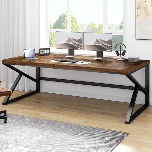 Miniatura 10 de HSH Escritorio Largo de 70 Pulgadas Negro, Escritorio Grande de Metal y Madera para 2 Monitores, Escritorio Moderno para Computadora de Oficina