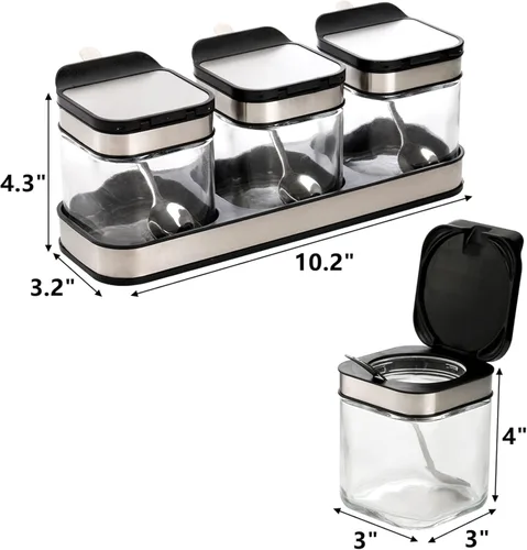 Miniatura 2 de DEAYOU Paquete de 3 cajas de condimentos de vidrio con bandeja, recipiente transparente para condimentos con tapa de acero inoxidable 18/10